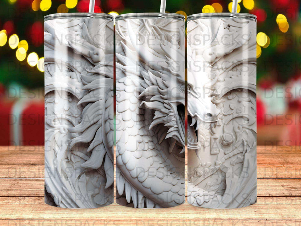 White embossed dragon pattern on a tumbler with bokeh lights background.