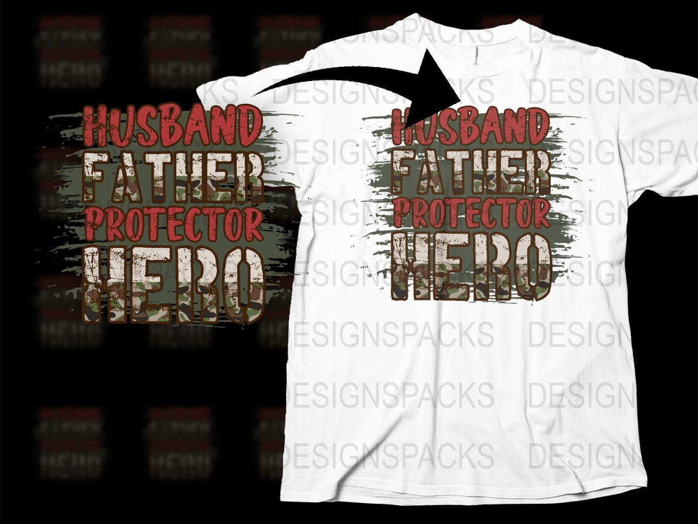 Husband Father Protector Hero T-Shirt, Distressed Text Graphic Tee, Men's Fashion, Gift for Dad, Patriotic Shirt, Father's Day Gift