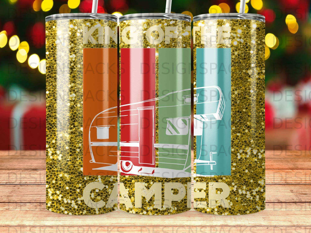 Glittery tumblers featuring a stylized camper graphic and "King of the Road" text.