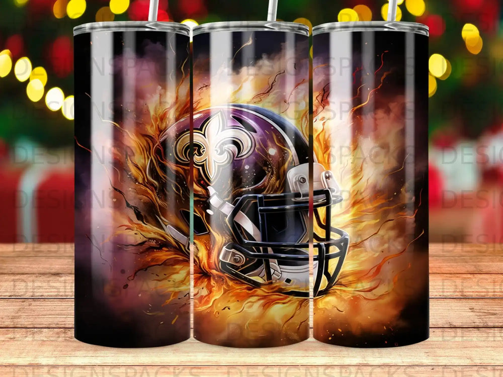 New Orleans Saints helmet engulfed in flames.