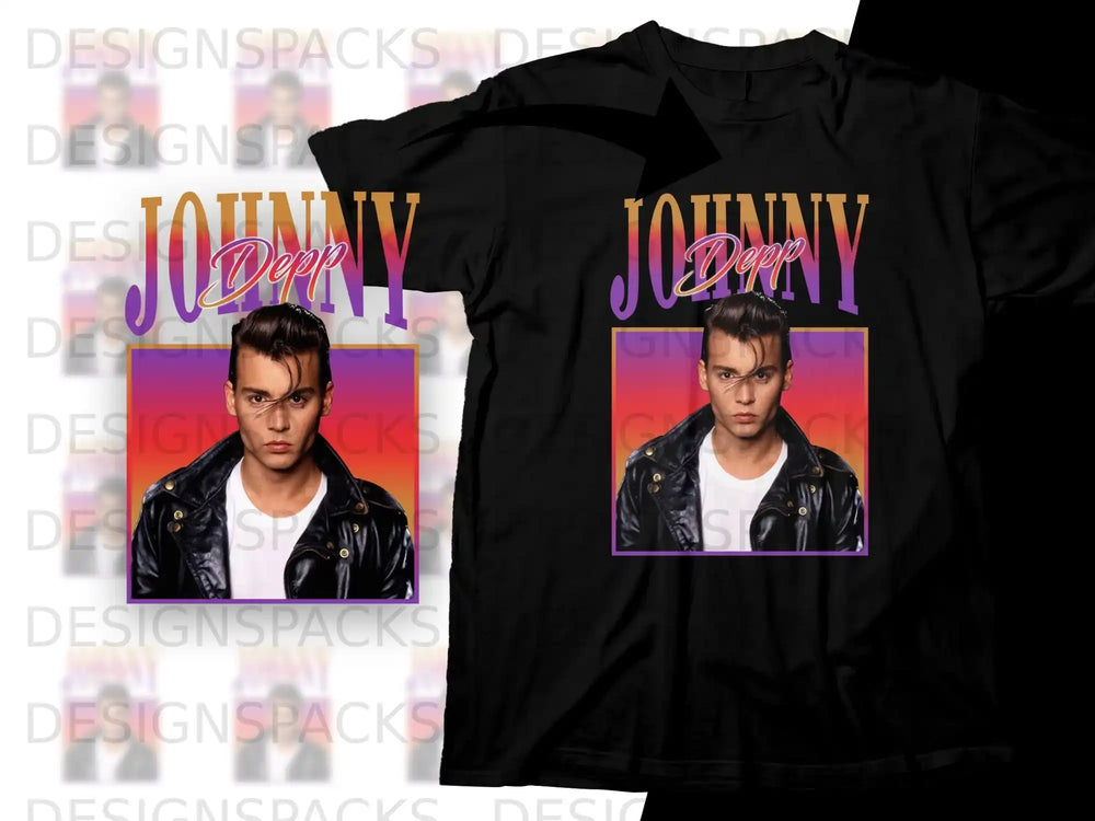Black t-shirt with a graphic of Johnny Depp and his name in neon font.