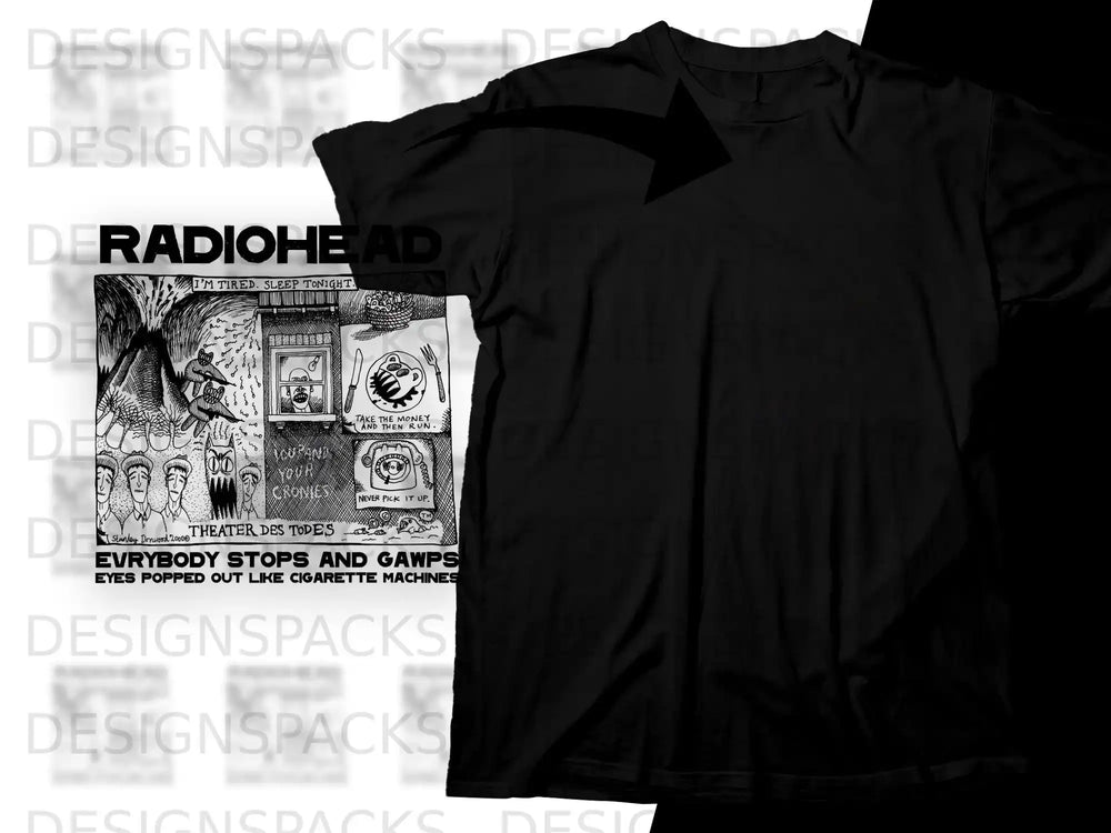 Radiohead "I'm Tired. Sleep Tonight." t-shirt graphic with crow and theatrical text.