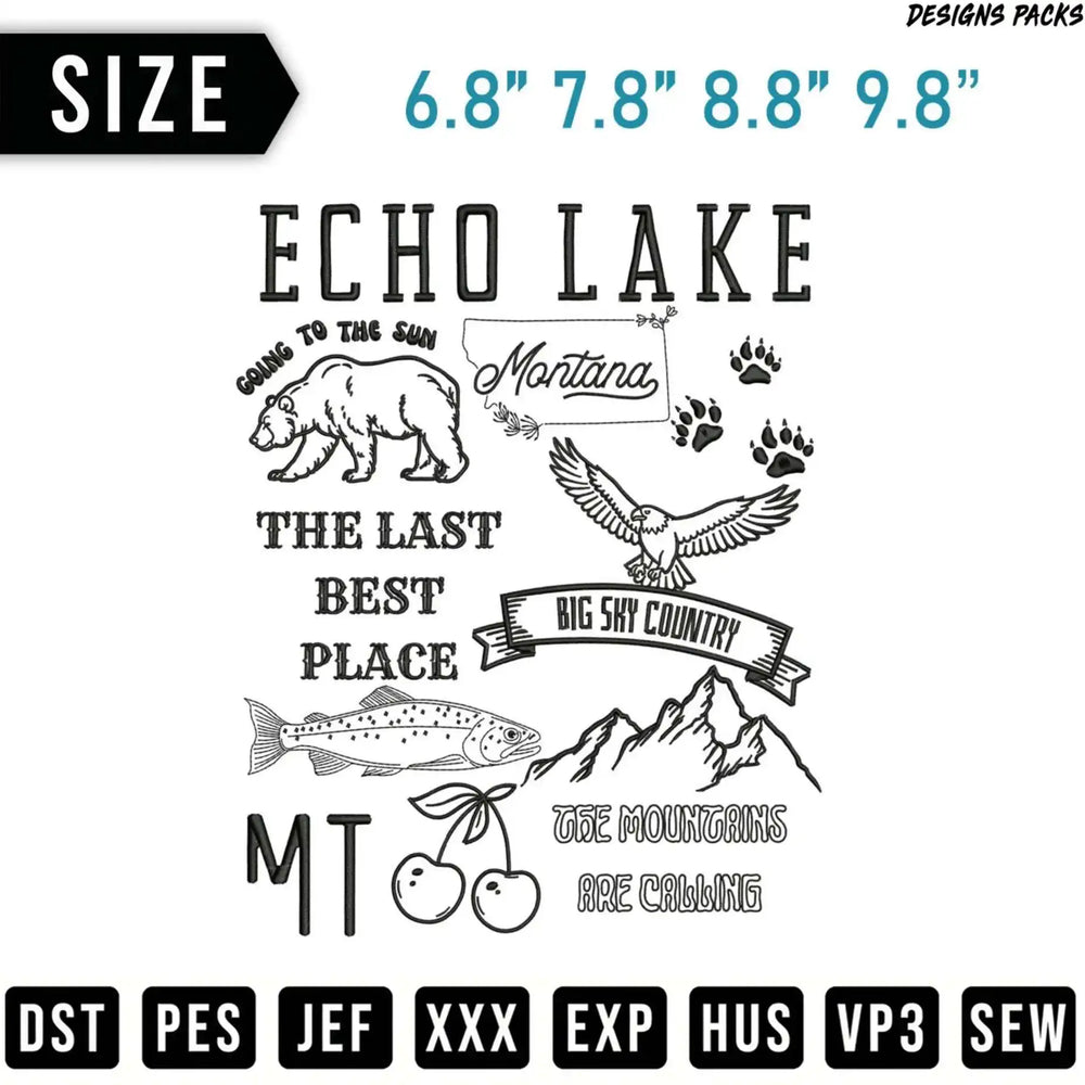 ECHO LAKE Montana embroidery design with bear, eagle, fish, cherries, and text.