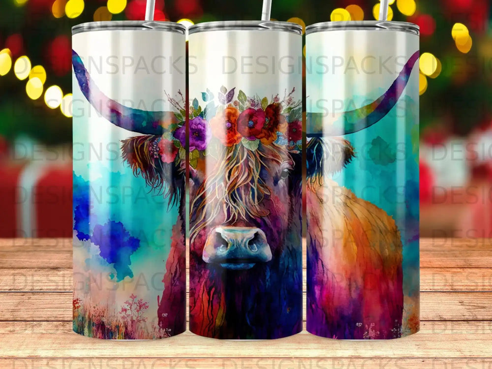 Watercolor highland cow with floral headdress and colorful splashes.