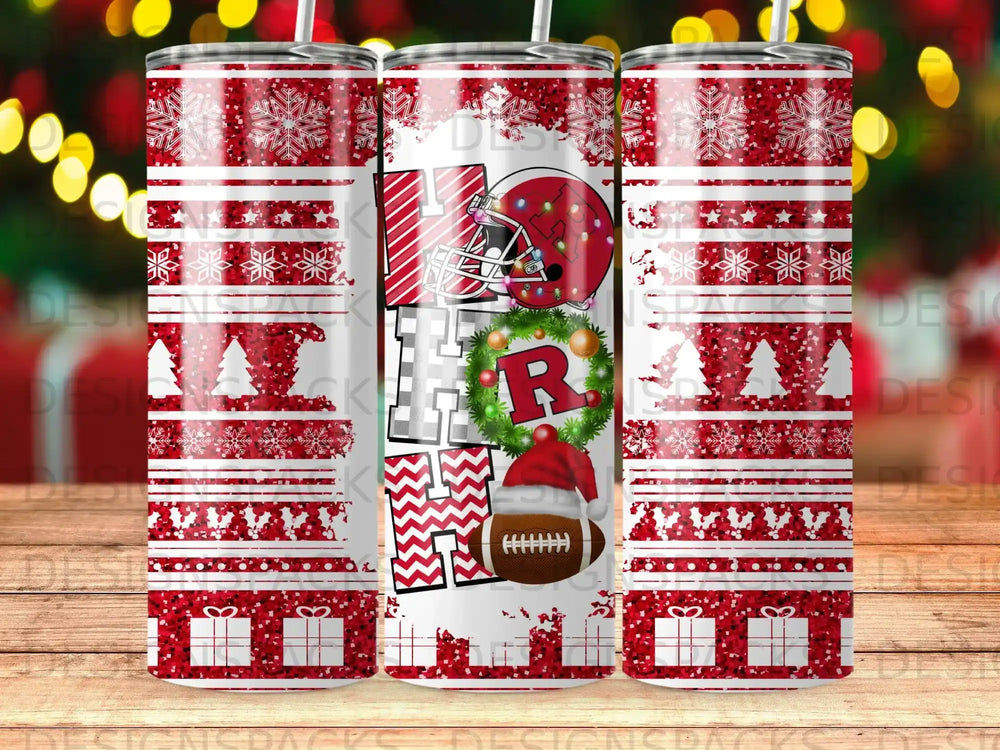 Football helmet and ball with "HO HO HO" in festive holiday design.