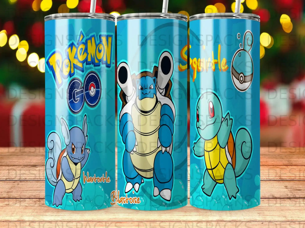 Pokemon Go Blastoise, Squirtle, and Wartortle design on a blue tumbler.