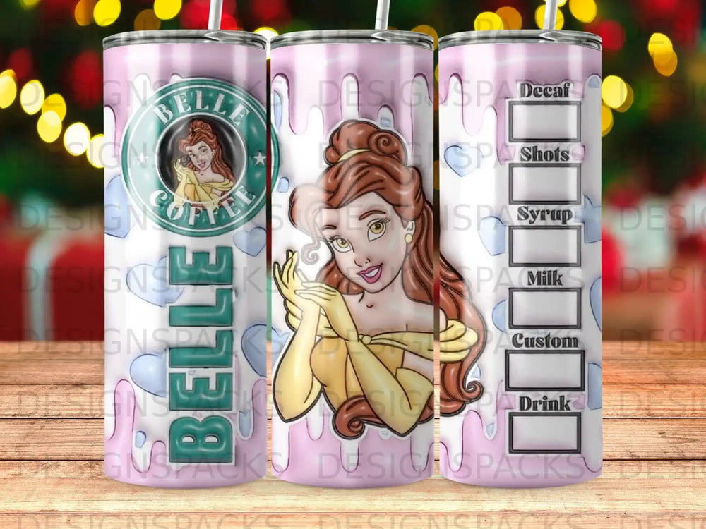 Belle character with coffee cup and menu options: Decaf, Shots, Syrup, Milk, Custom, Drink.
