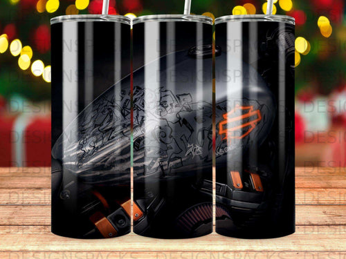 Black tumbler with Harley-Davidson motorcycle tank design.