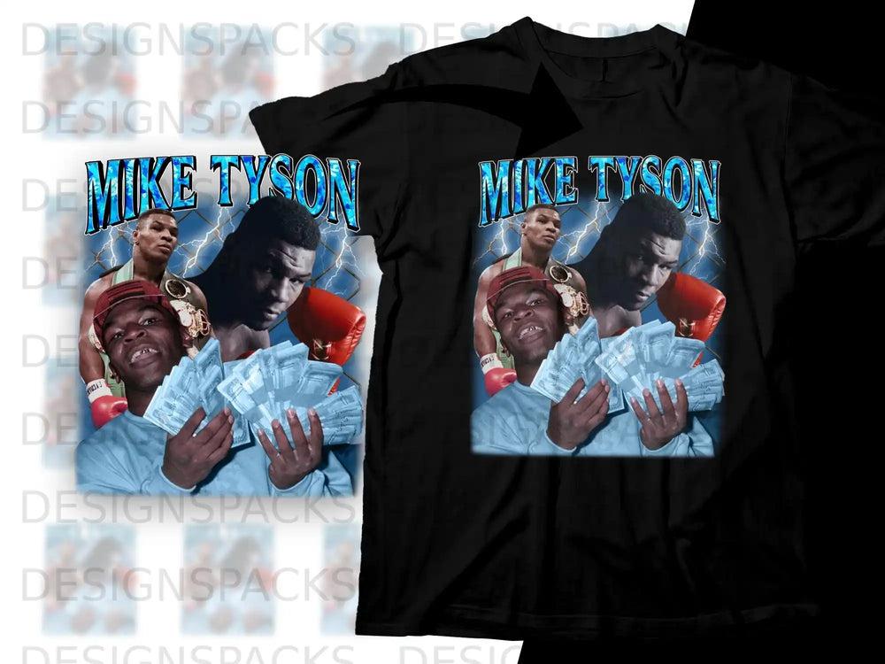 Mike Tyson on shirt holding cash and boxing gloves.