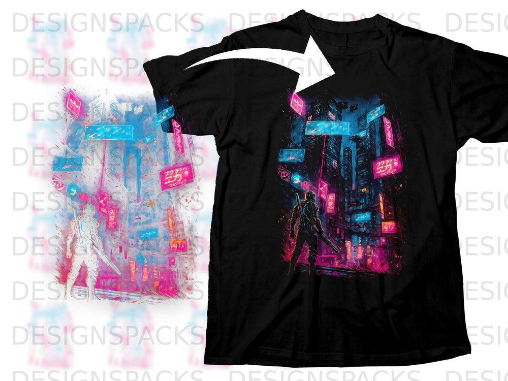 Black t-shirt with cyberpunk city graphic featuring a figure holding a sword.