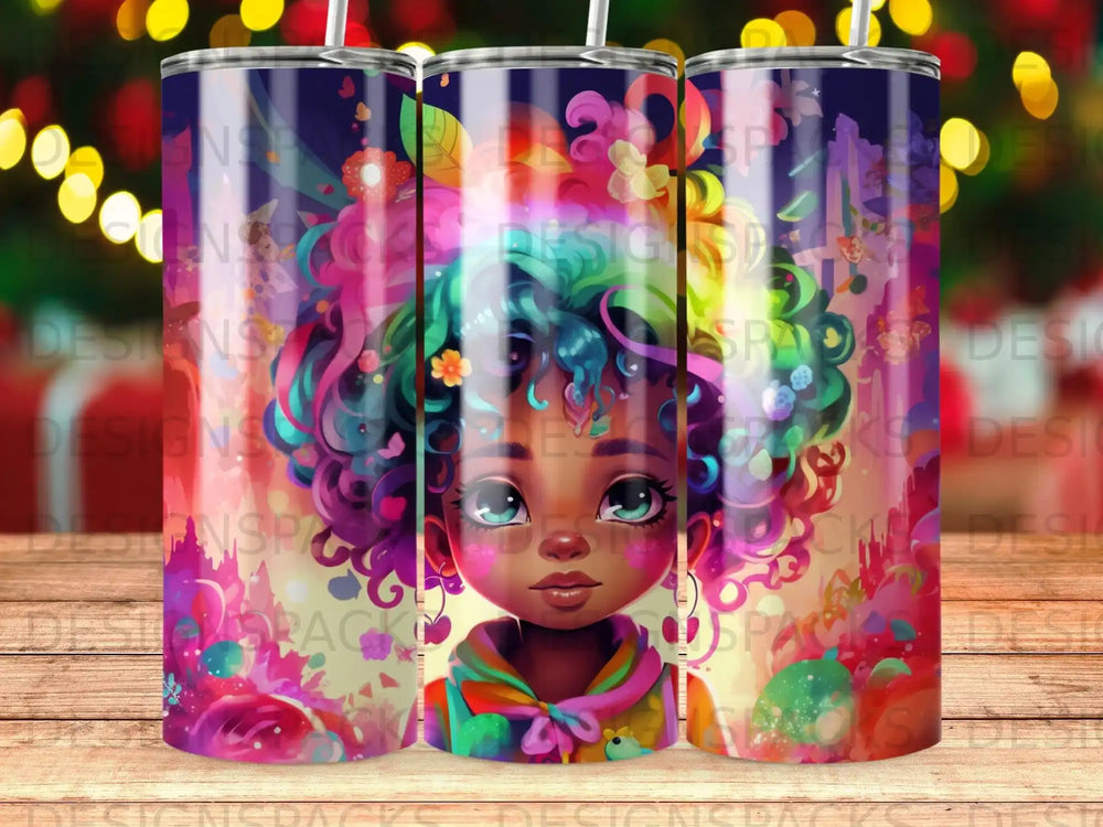 Cartoon girl with colorful curly hair and a hoodie.