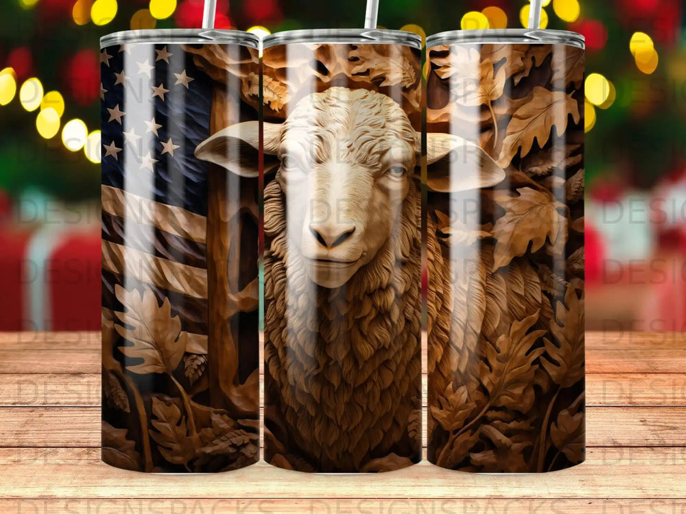 Wood carving of a sheep's head against a U.S. flag and autumn leaves.