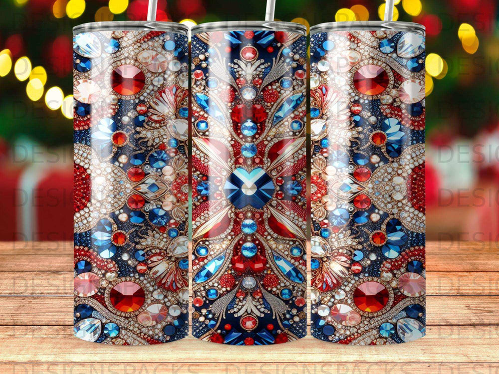 Three tumblers with patriotic red, white, and blue jeweled pattern.