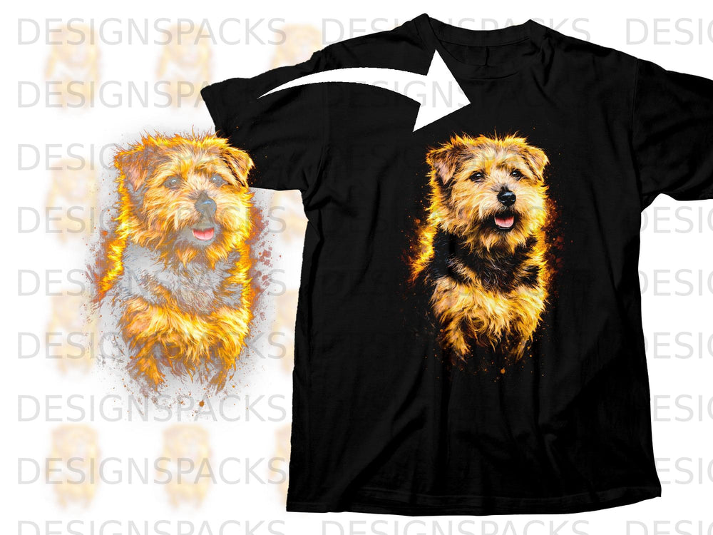 Black t-shirt with vibrant artistic portrait of a scruffy terrier dog with orange glow.