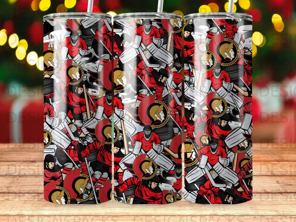 Ottawa Senators hockey goalie pattern on three cylindrical tumblers.