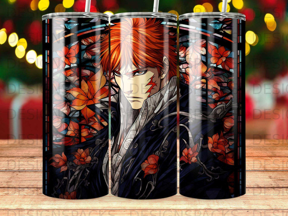 Anime character with red hair and floral stained-glass pattern.