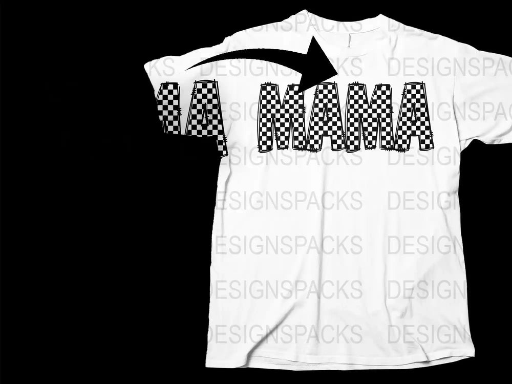 Checkered Sleeve Mama T-Shirt, Graphic Mother's Day Gift, Casual Women's Tee, Black and White Fashion Top