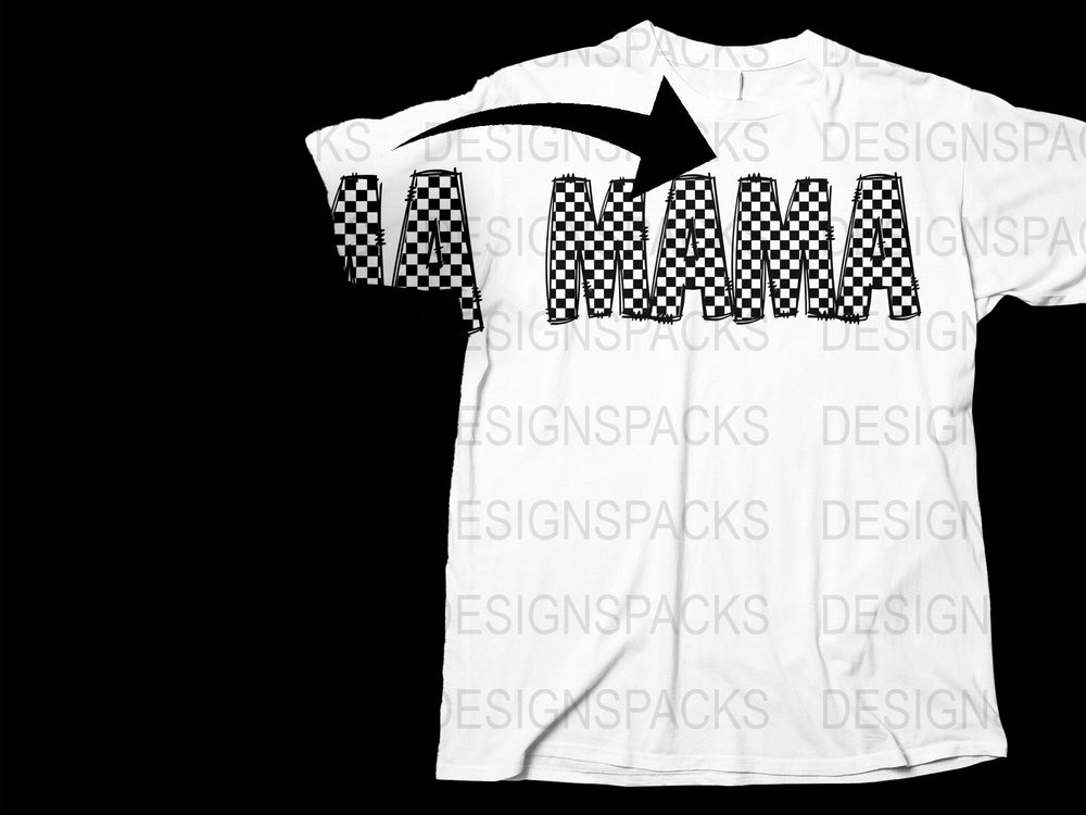 Checkered Sleeve Mama T-Shirt, Graphic Mother's Day Gift, Casual Women's Tee, Black and White Fashion Top