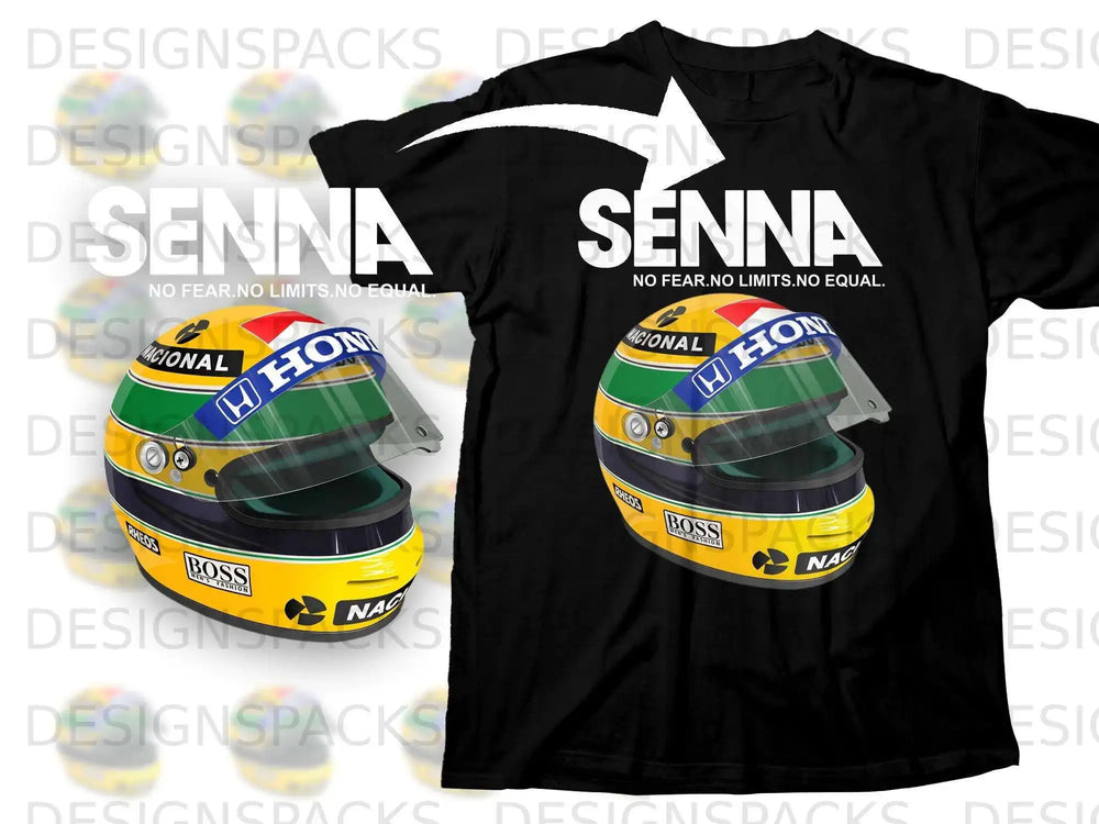 Black t-shirt featuring Ayrton Senna's iconic helmet and the slogan "No Fear. No Limits. No Equal."