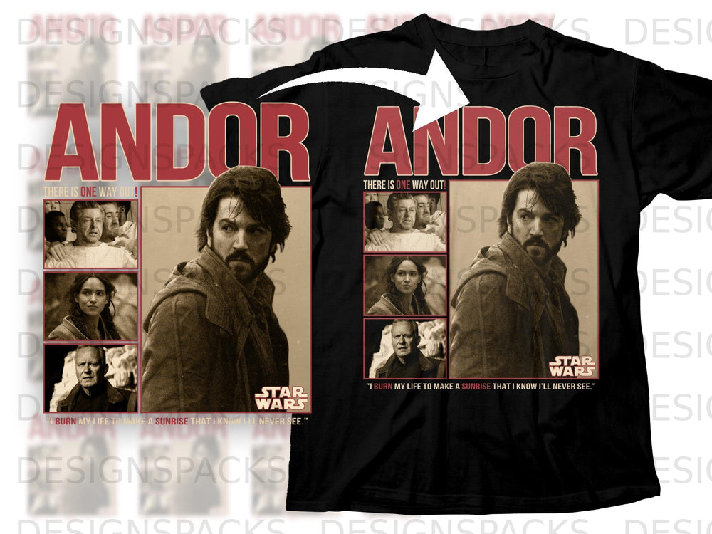 Andor Star Wars t-shirt design with cast photos and quote.
