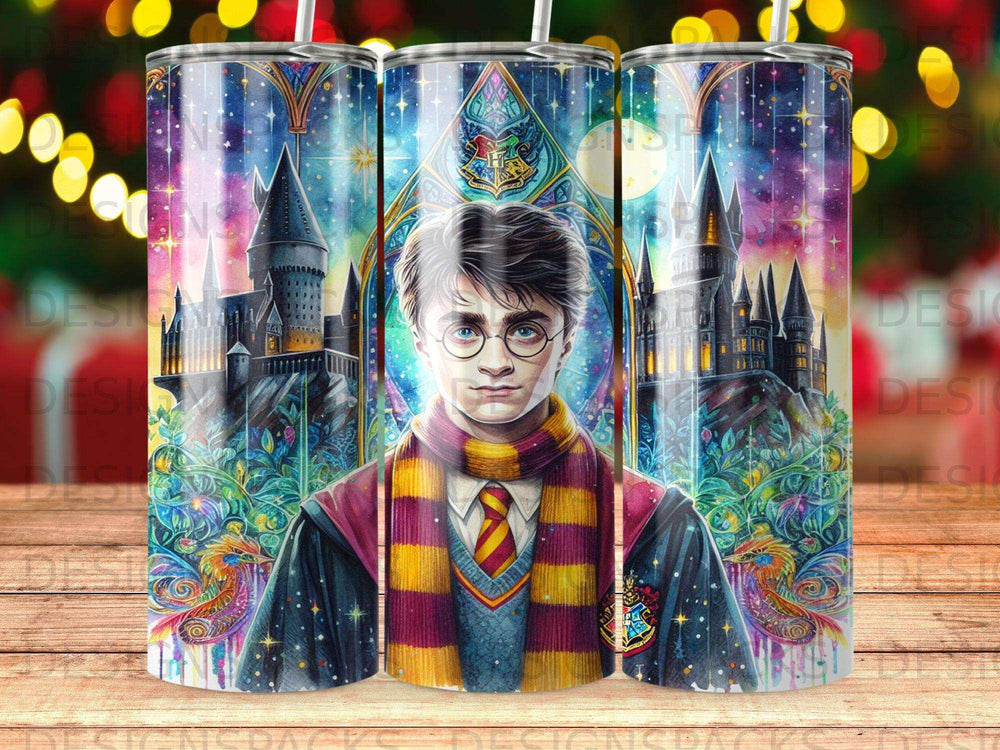 Harry Potter portrait with Hogwarts castle and celestial background.