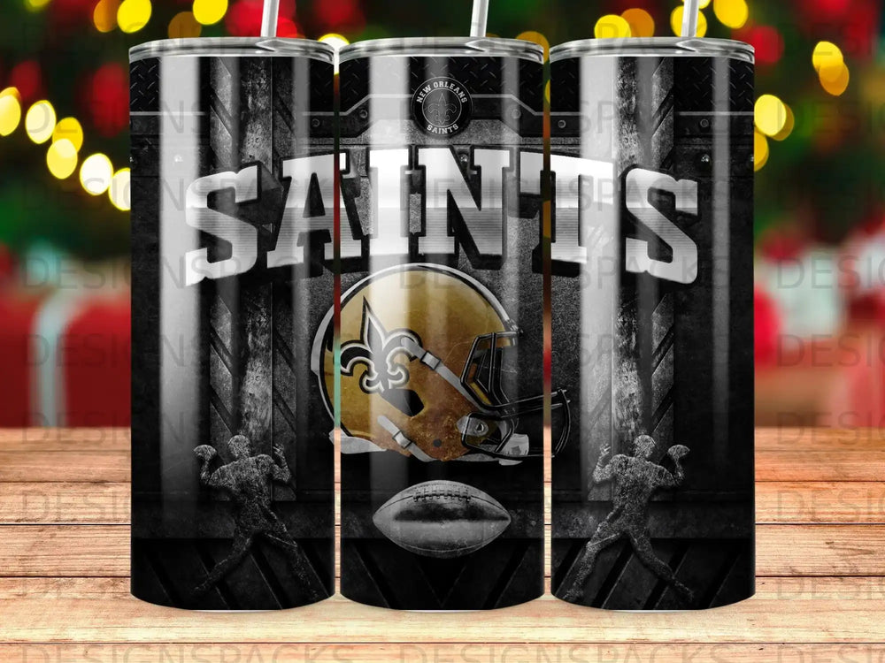 New Orleans Saints helmet and football on a black, textured background.
