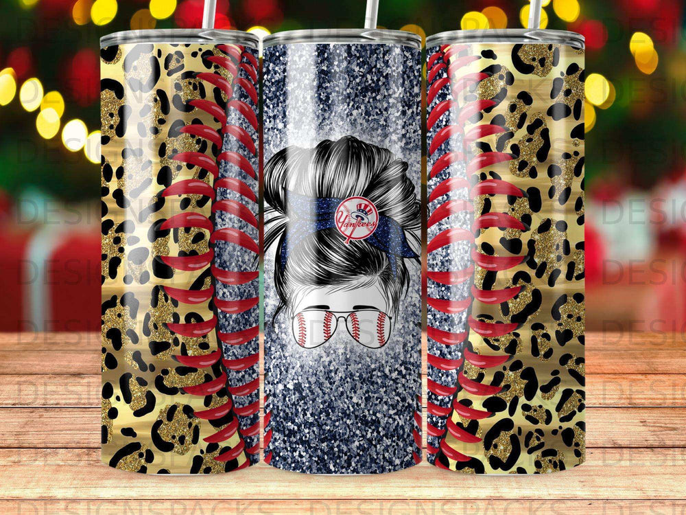 Tumbler with leopard print, red stripes, and messy bun with Yankees logo.