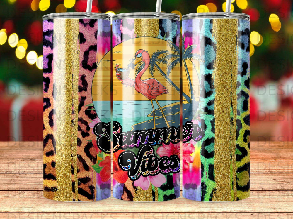 Tropical sunset scene with flamingo and palm trees on a leopard and floral print tumbler.