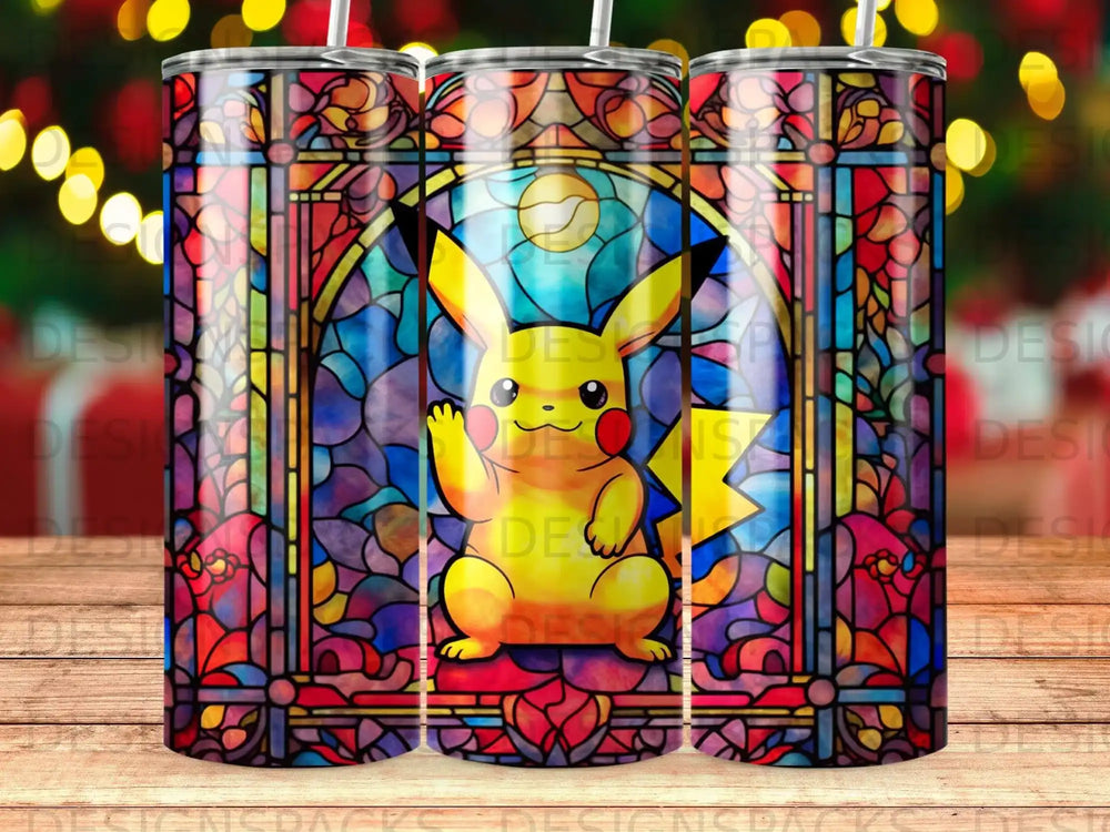 Stained glass tumbler featuring Pikachu waving from a colorful, jeweled window.