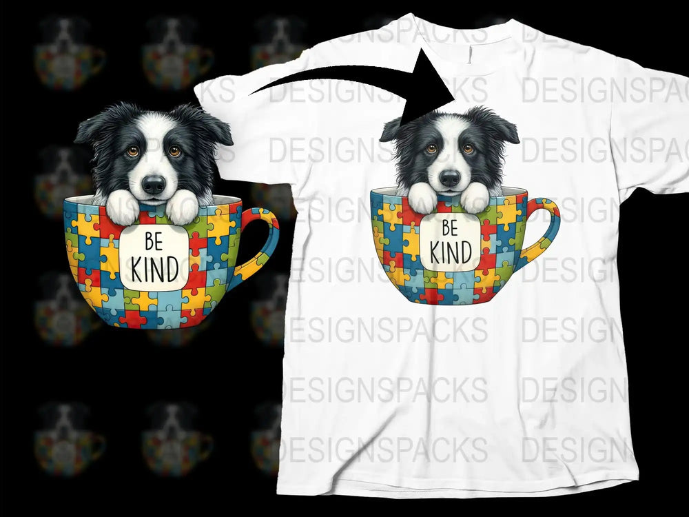Be Kind Puzzle Dog Print T-Shirt, Cute Border Collie in Cup Graphic Tee, Colorful Casual Wear for Dog Lovers