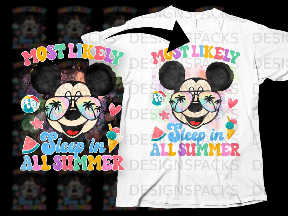 Mickey Mouse with sunglasses and tropical designs, saying "Most Likely to Sleep in All Summer".
