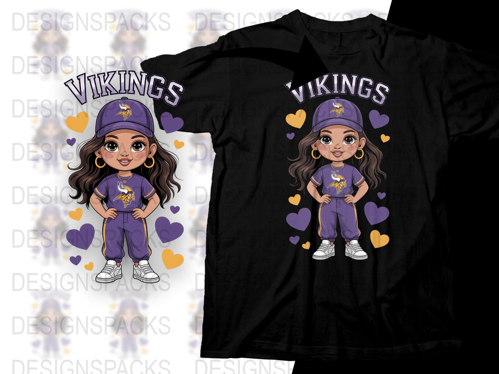 Cute Vikings Fan T-Shirt, Cartoon Girl in Purple Outfit, Sports Fan Apparel, Kids and Adult Sizes Available
