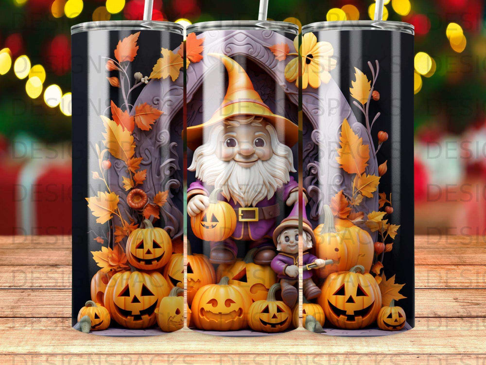 Gnome and pumpkins on Halloween tumbler, ornate archway background.