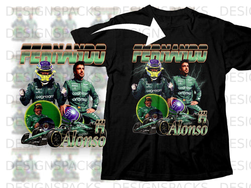 Aston Martin F1 Fernando Alonso t-shirt with car and sponsor logos.