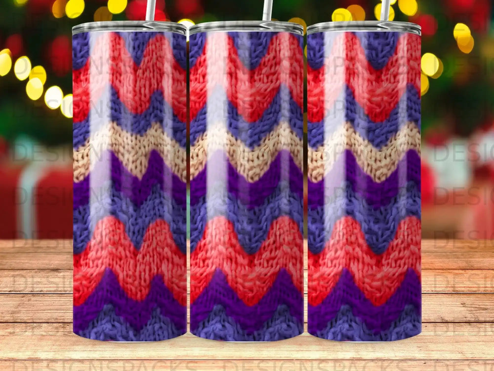 Zigzag knit pattern tumbler in red, purple, and cream colors.