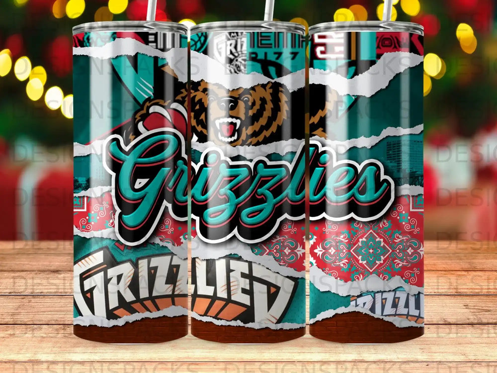 Memphis Grizzlies tumbler with bear logo and teal and red pattern.