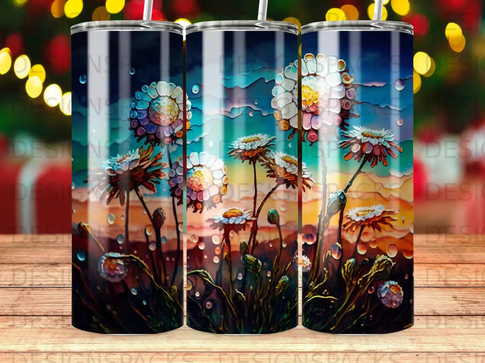Three tumblers featuring a colorful, abstract floral design with water droplets.