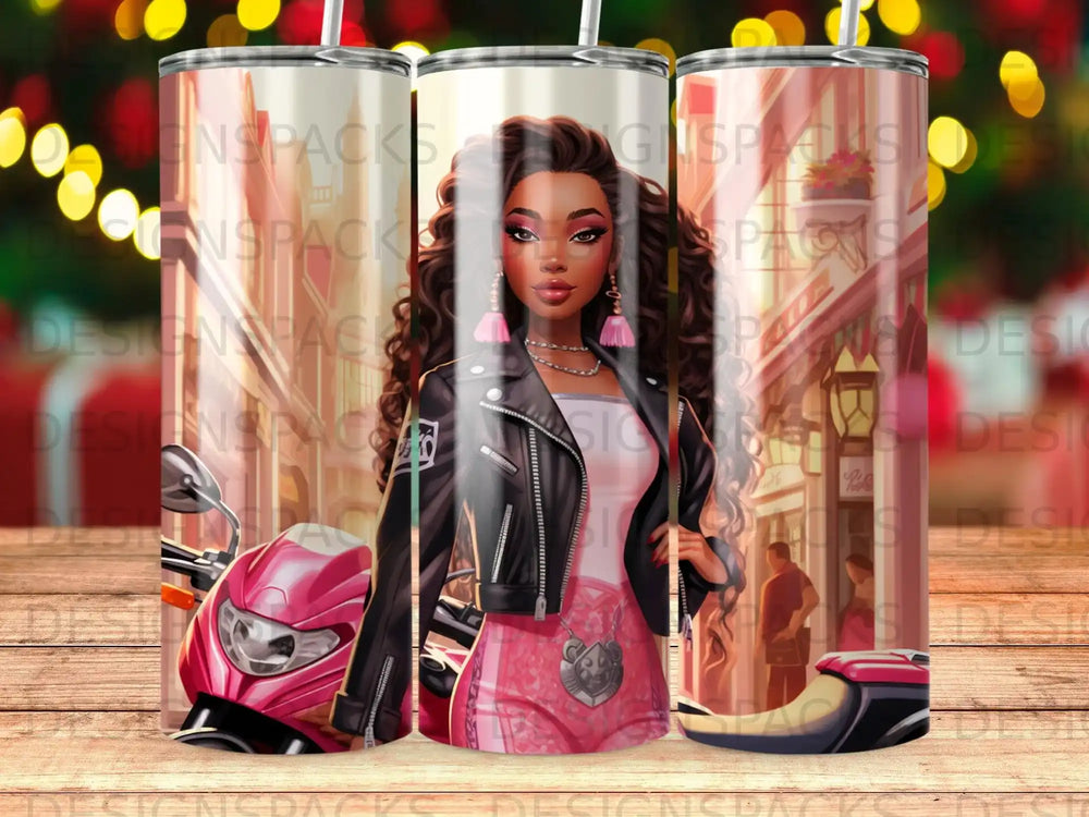 Woman in leather jacket and pink shorts poses with a motorcycle.