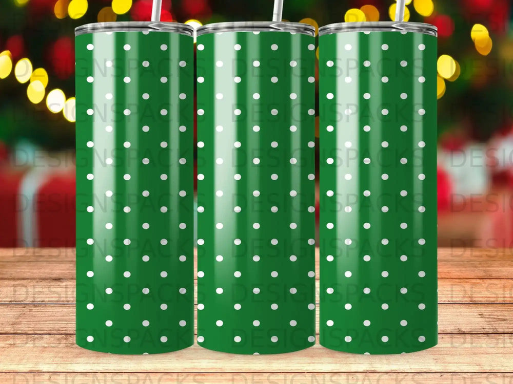 Green tumbler with white polka dots.