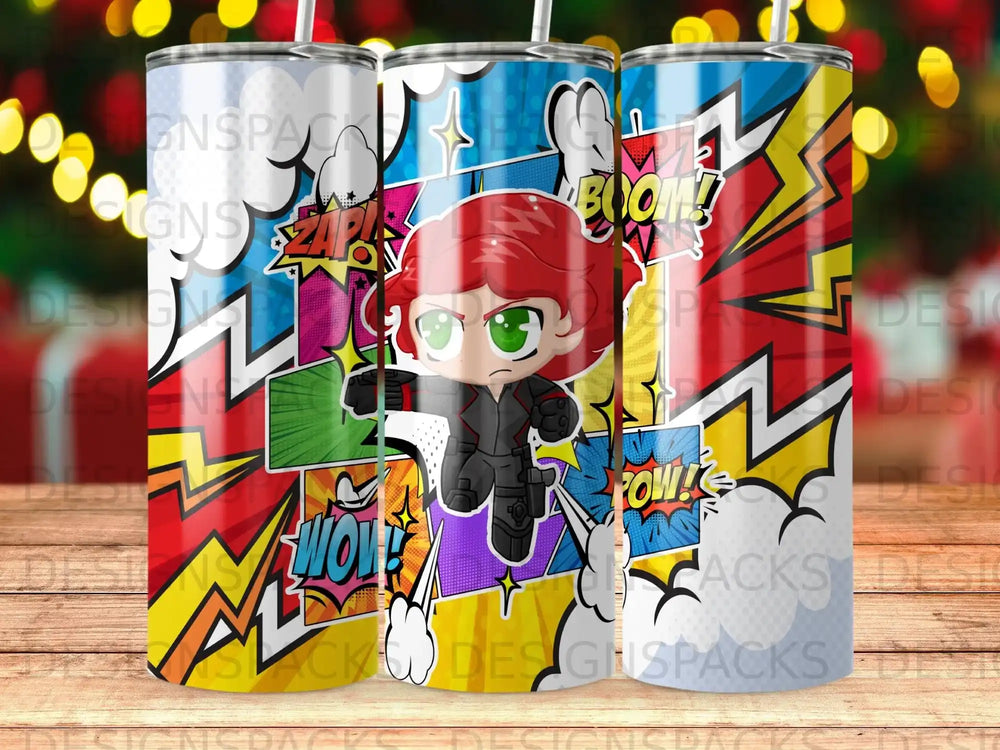 Black Widow in comic book style, with "BOOM!" and "POW!" sound effects.