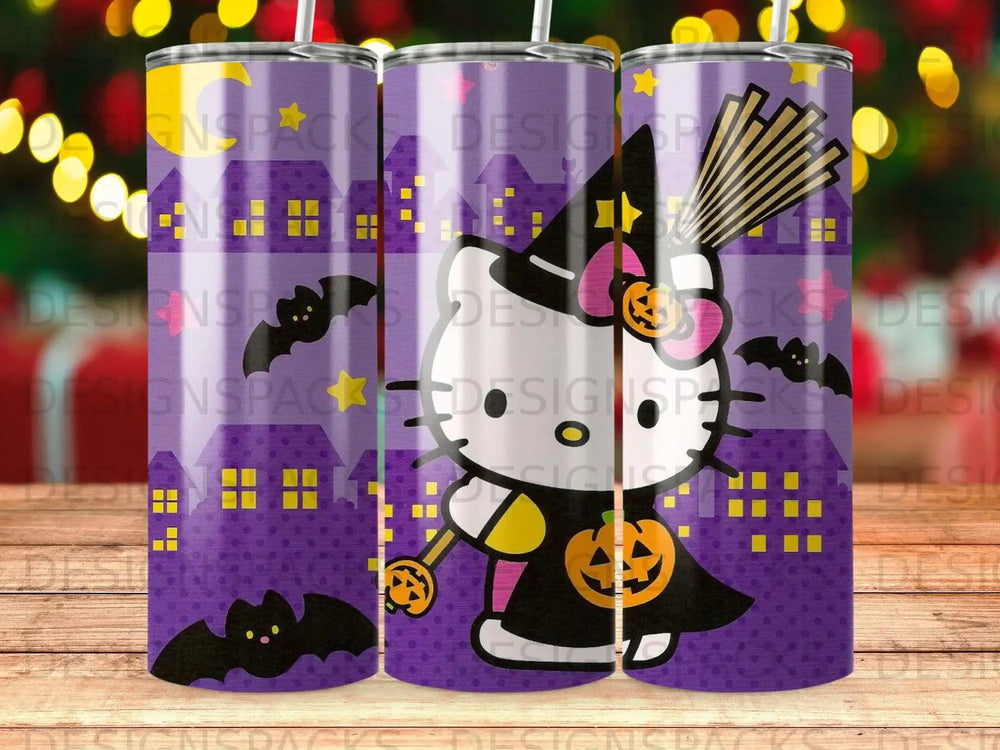 Hello Kitty in witch costume with pumpkin and bat, purple starry night background.
