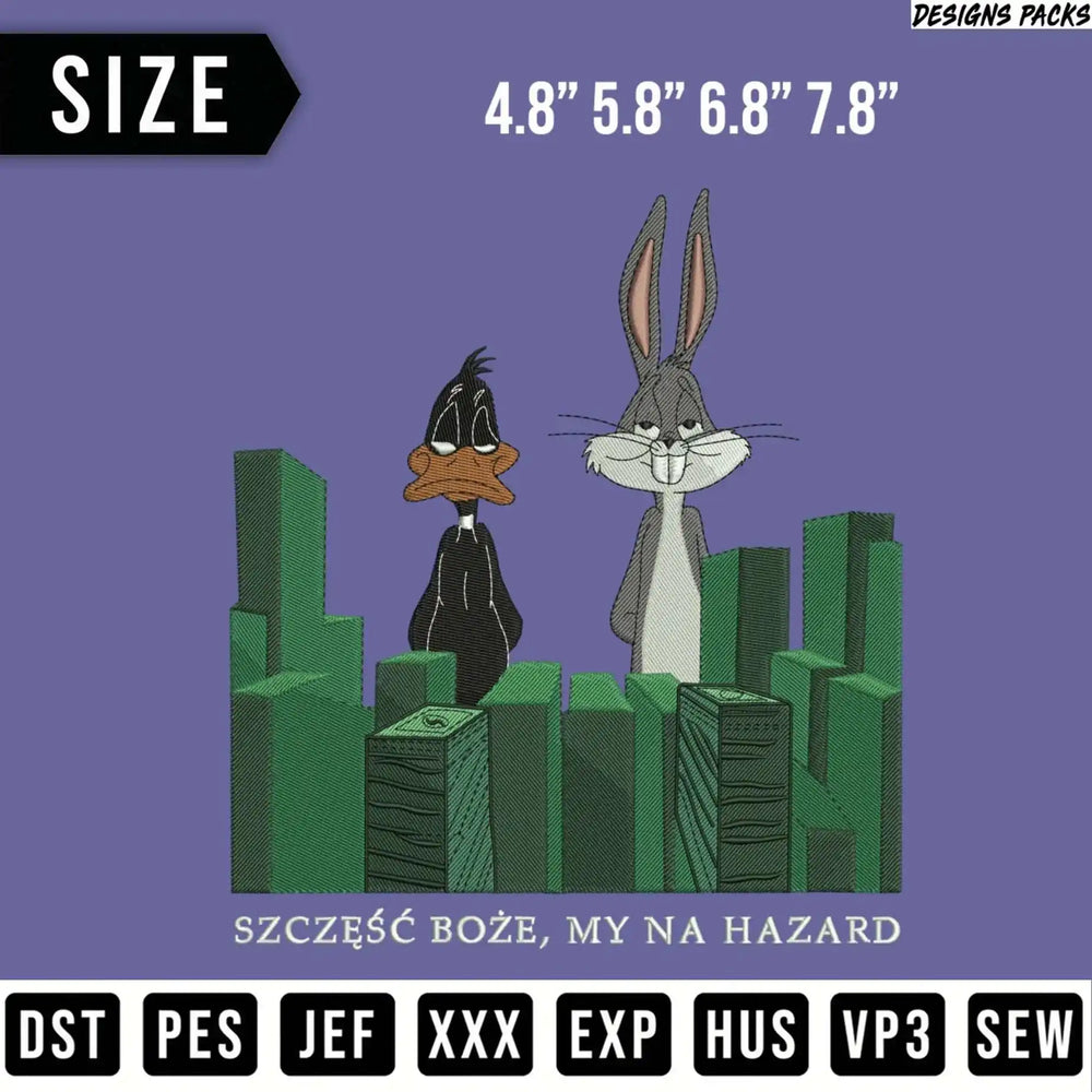 Daffy Duck and Bugs Bunny stand with stacks of money and stylized buildings.