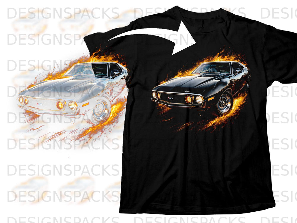 Black t-shirt with a fiery graphic of a silver and black AMX car.