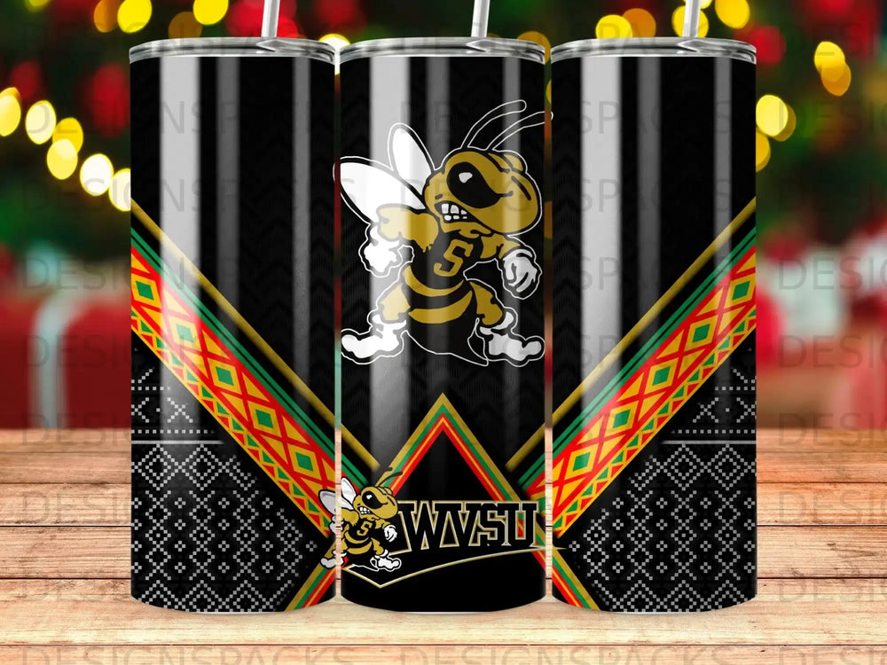 Yellow jacket mascot with "WSU" on a black and gold tumbler.