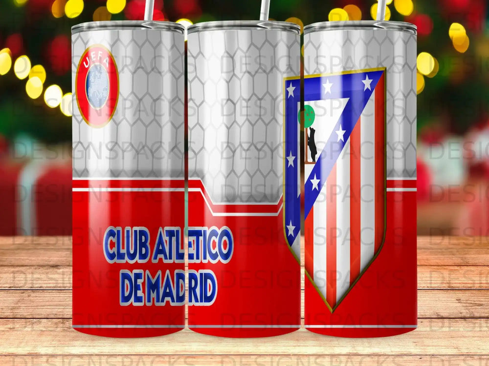 Club Atletico de Madrid tumbler with team logo and colors.
