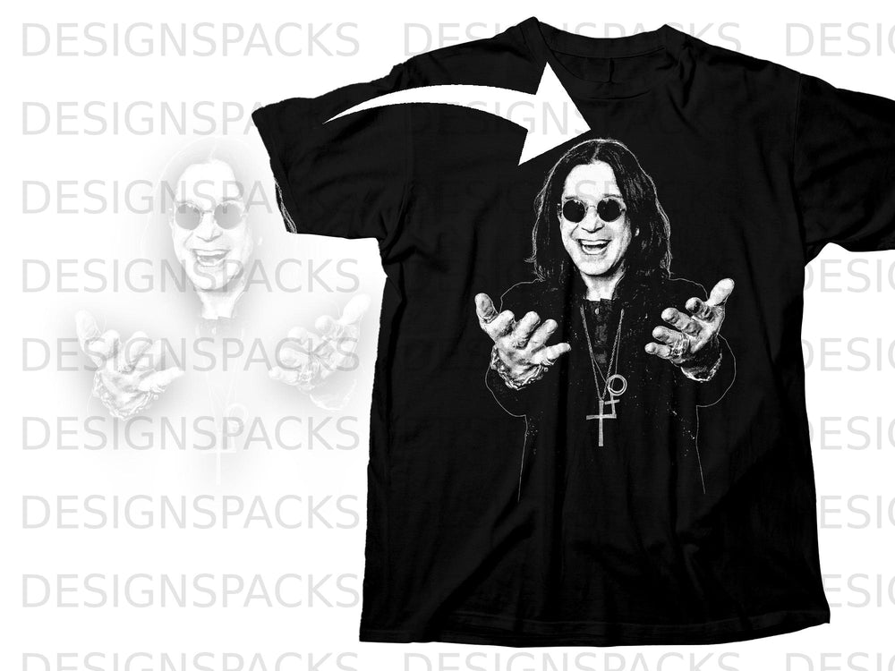 Black t-shirt with a sketch of Ozzy Osbourne in sunglasses and jewelry.