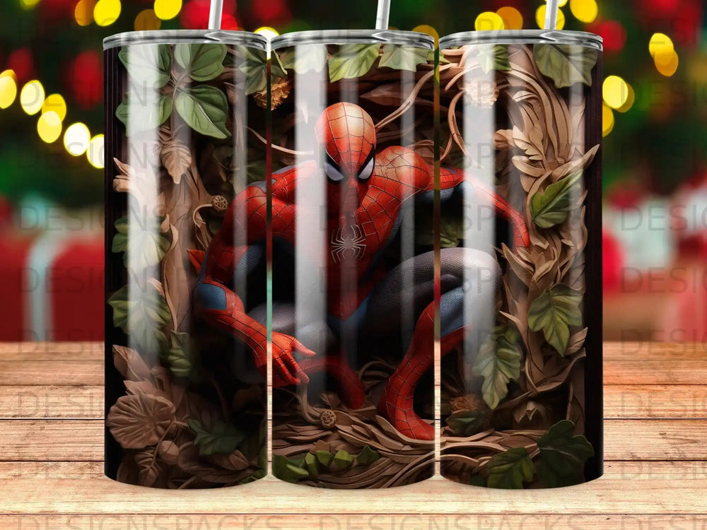 Spiderman crouches in a forest clearing, surrounded by foliage and wood textures.
