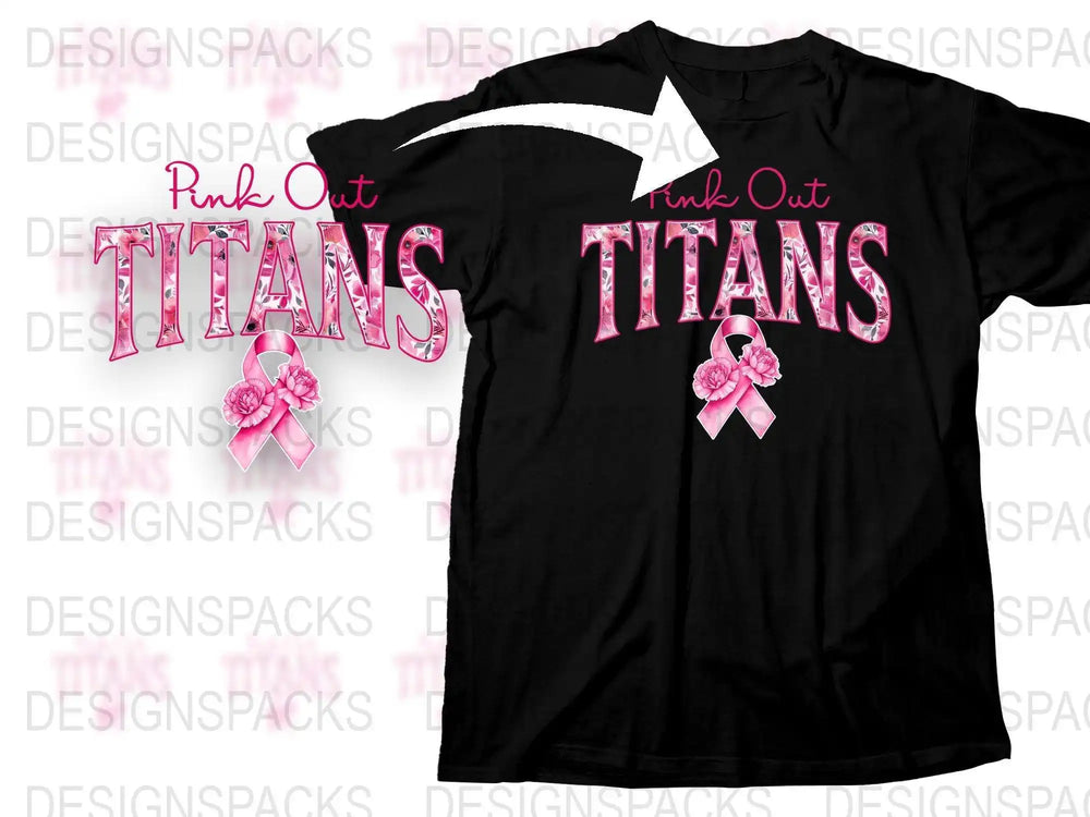 Pink Out Titans Breast Cancer Awareness Black T-Shirt with Pink Ribbons Design