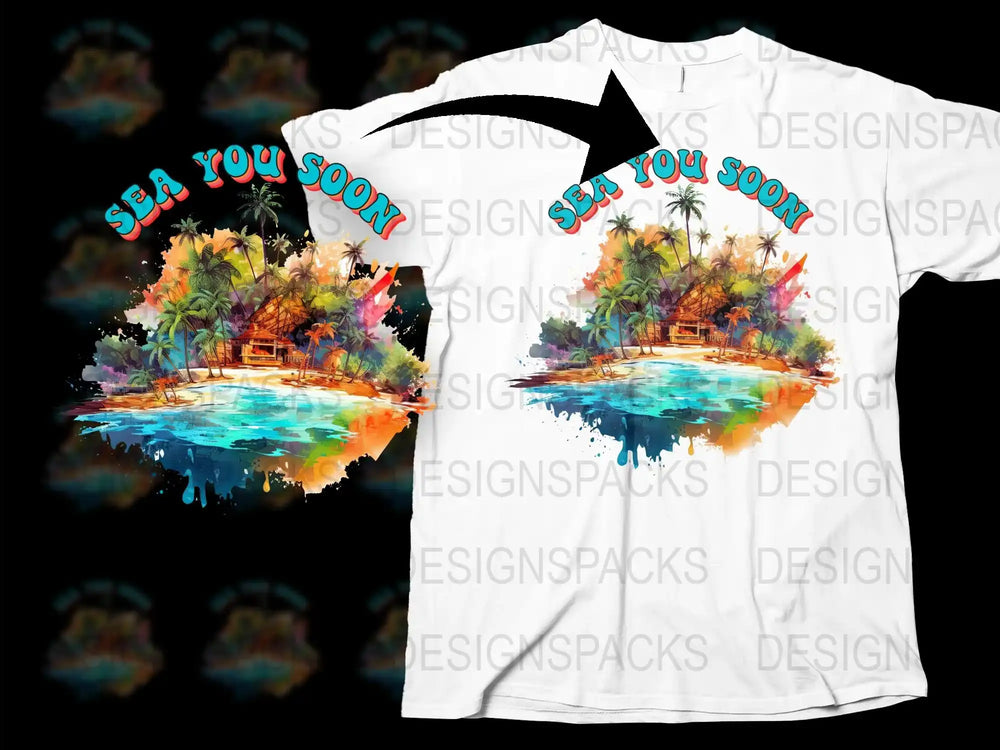 Tropical Island Graphic T-Shirt, Colorful Beach Sunset Design, Unisex Summer Tee, Casual Palm Tree Top