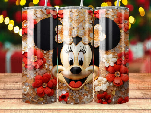 Minnie Mouse face surrounded by red and white flowers and sparkling crystals.